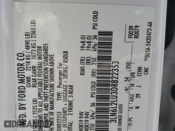 2013 Lincoln MKZ Hybrid with VIN 3LN6L2LU3DR822353, listed as a Copart auction lot 52354815 with Not provided miles and Salvage title. Bid and sale history available at DreamBid. Image 12.