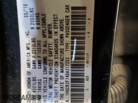 2016 Honda Accord Sedan EX with VIN 1HGCR2F74GA217253, listed as a Copart auction lot 86754674 with Not Provided miles and Non Repairable. Bid and sale history available at carsss.com. Image 15.