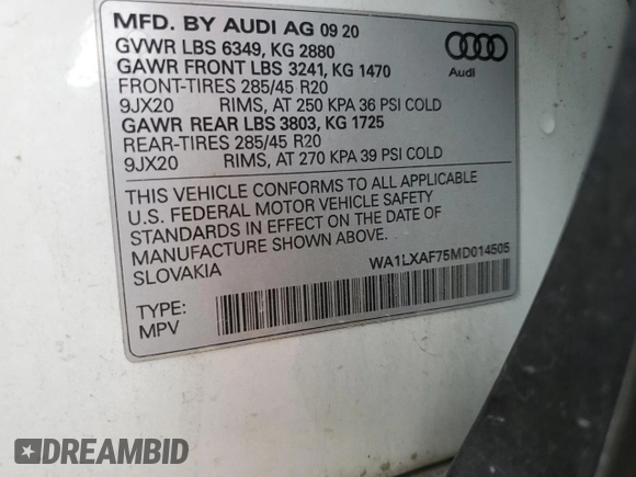 2021 Audi Q7 Premium Plus с VIN WA1LXAF75MD014505, выставлен на аукционе Copart как лот 61069045 с пробегом 51 182 миль миль и Списание • Salvage title. История ставок и продаж доступна на DreamBid. Изображение 13.