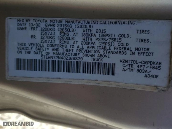 2003 Toyota Tacoma with VIN 5TEWN72N43Z166829, listed as a Copart auction lot 46335195 with 0 mi miles and Clean Title. Bid and sale history available at carsss.com. Image 12.