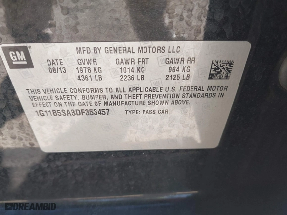 2013 Chevrolet Malibu LS with VIN 1G11B5SA3DF353457, listed as a IAAI auction lot 41817901 with 135,563 mi miles. Bid and sale history available at carsss.com. Image 9.