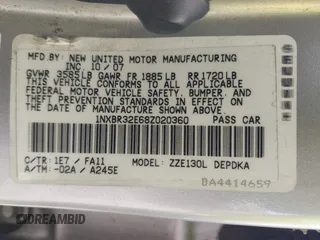 2008 Toyota Corolla CE with VIN 1NXBR32E68Z020360, listed as a IAAI auction lot 41109113 with 63,962 mi miles and . Bid and sale history available at DreamBid. Image 9.