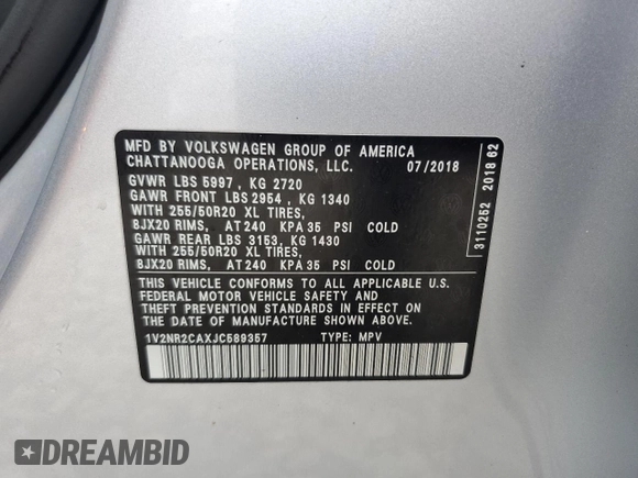 2018 Volkswagen Atlas SEL Premium with VIN 1V2NR2CAXJC589357, listed as a Copart auction lot 56536175 with 69,543 mi miles and Salvage title. Bid and sale history available at DreamBid. Image 13.