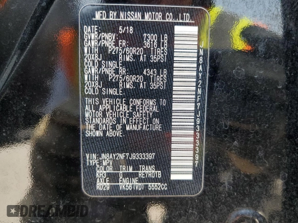 2018 Nissan Armada Platinum with VIN JN8AY2NF7J9333397, listed as a Copart auction lot 61851004 with 134,845 mi miles and Clean Title. Bid and sale history available at carsss.com. Image 13.
