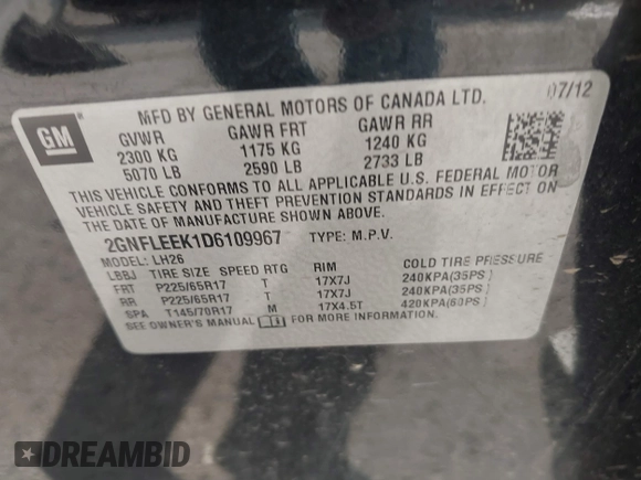 2013 Chevrolet Equinox LT z VIN 2GNFLEEK1D6109967, wystawiony jako IAAI lot #42186125 z przebiegiem 165 181 mil mil oraz . Historia ofert i sprzedaży dostępna na DreamBid. Obrazek 9.