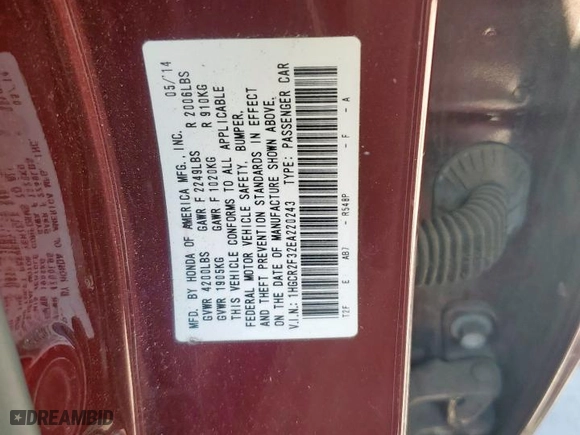 2014 Honda Accord Sedan LX with VIN 1HGCR2F32EA220243, listed as a Copart auction lot 53252205 with 172,558 mi miles and Clean Title. Bid and sale history available at carsss.com. Image 12.