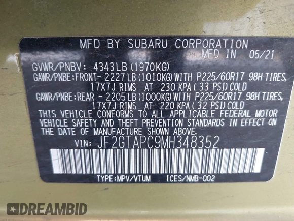 2021 Subaru Crosstrek Premium with VIN JF2GTAPC9MH348352, listed as a IAAI auction lot 42267540 with 67,592 mi miles and . Bid and sale history available at DreamBid. Image 9.