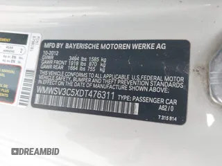 2013 MINI Hardtop S with VIN WMWSV3C5XDT476311, listed as a IAAI auction lot 42278808 with 101,646 mi miles and . Bid and sale history available at DreamBid. Image 9.