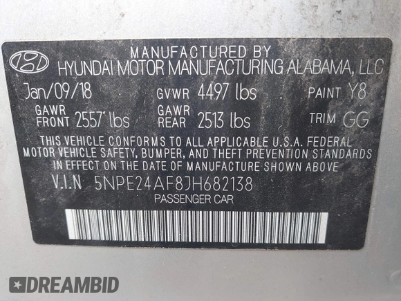 2018 Hyundai Sonata SE with VIN 5NPE24AF8JH682138, listed as a IAAI auction lot 42024533 with 69,462 mi miles and . Bid and sale history available at carsss.com. Image 9.