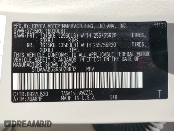 2024 Toyota Highlander XLE with VIN 5TDAAAB53RS028837, listed as a Copart auction lot 52251485 with 31,040 mi miles and Salvage title. Bid and sale history available at DreamBid. Image 13.