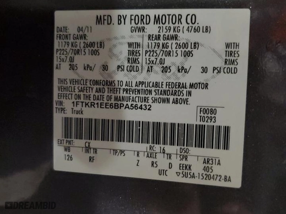 2011 Ford Ranger XL with VIN 1FTKR1EE6BPA56432, listed as a Copart auction lot 81971834 with 118,785 mi miles and Salvage Title. Bid and sale history available at carsss.com. Image 12.