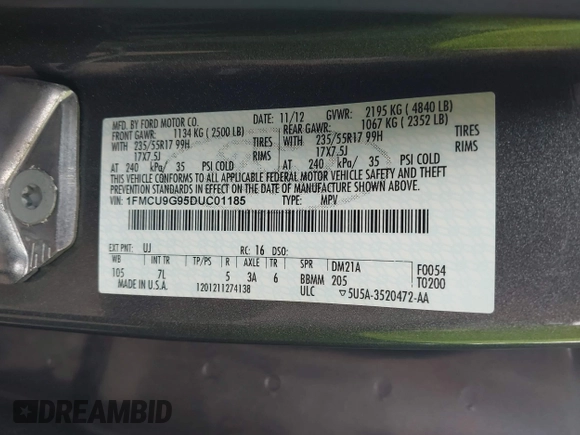 2013 Ford Escape SE with VIN 1FMCU9G95DUC01185, listed as a IAAI auction lot 42602840 with 140,697 mi miles and . Bid and sale history available at DreamBid. Image 9.