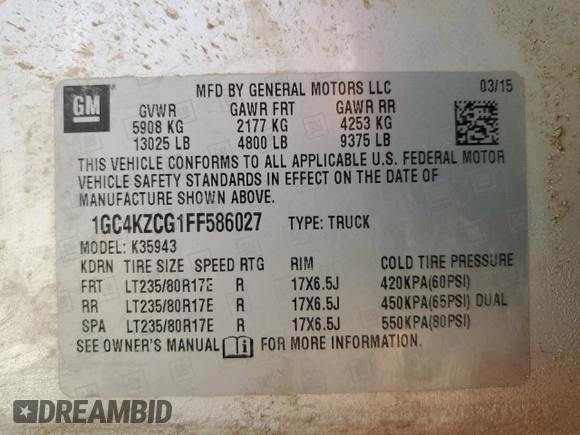 2015 Chevrolet Silverado 3500HD LT z VIN 1GC4KZCG1FF586027, wystawiony jako Copart lot #50064515 z przebiegiem 63 788 mil mil oraz Szkoda całkowita • Salvage title. Historia ofert i sprzedaży dostępna na DreamBid. Obrazek 13.