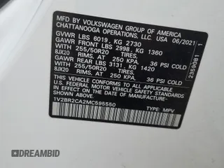 2021 Volkswagen Atlas SEL with VIN 1V2BR2CA2MC595550, listed as a Copart auction lot 45566115 with 57,244 mi miles and Salvage title. Bid and sale history available at DreamBid. Image 15.