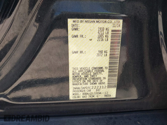 2015 Nissan Altima 2.5 SV with VIN 1N4AL3AP1FC222312, listed as a IAAI auction lot 41809022 with 162,771 mi miles. Bid and sale history available at carsss.com. Image 9.