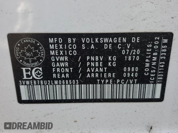 2020 Volkswagen Jetta SEL with VIN 3VWEB7BU2LM068503, listed as a Copart auction lot 52769105 with 118,016 mi miles and Salvage title. Bid and sale history available at DreamBid. Image 13.