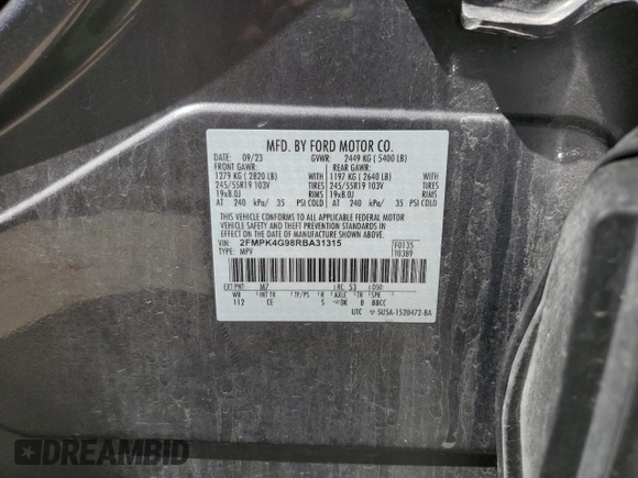 2024 Ford Edge SE z VIN 2FMPK4G98RBA31315, wystawiony jako Copart lot #62712835 z przebiegiem 20 040 mil mil oraz Szkoda całkowita • Salvage title. Historia ofert i sprzedaży dostępna na DreamBid. Obrazek 13.