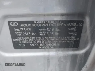 2006 Hyundai Sonata GLS with VIN 5NPEU46F06H109616, listed as a IAAI auction lot 42128198 with 154,760 mi miles and . Bid and sale history available at DreamBid. Image 9.