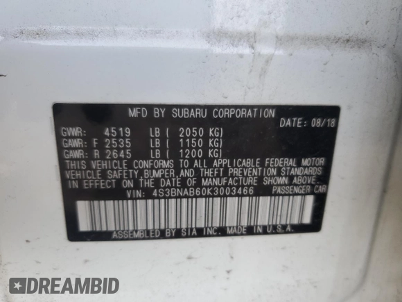 2019 Subaru Legacy with VIN 4S3BNAB60K3003466, listed as a Copart auction lot 46926585 with 101,837 mi miles and Salvage Title. Bid and sale history available at carsss.com. Image 12.