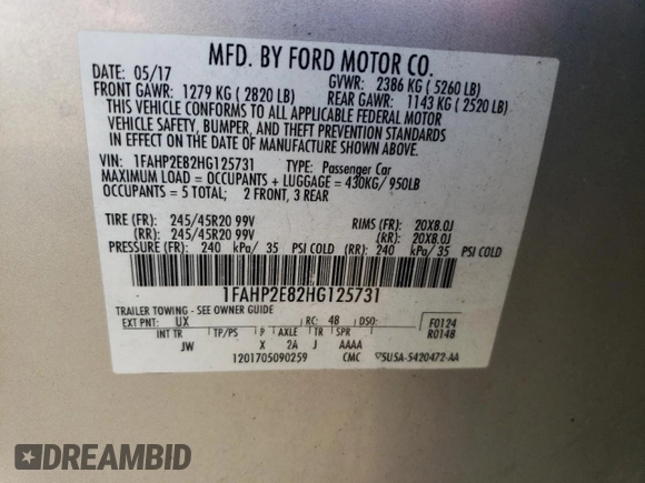 2017 Ford Taurus SEL with VIN 1FAHP2E82HG125731, listed as a Copart auction lot 81180764 with 109,525 mi miles and Salvage Title. Bid and sale history available at DreamBid. Image 12.
