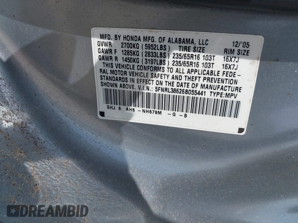 2006 Honda Odyssey EX-L with VIN 5FNRL38626B055441, listed as a IAAI auction lot 42073227 with 210,360 mi miles. Bid and sale history available at carsss.com. Image 9.