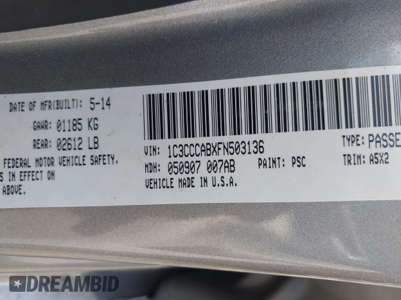 2015 Chrysler 200 Limited with VIN 1C3CCCABXFN503136, listed as a IAAI auction lot 42133998 with 96,313 mi miles and . Bid and sale history available at DreamBid. Image 9.