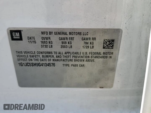 2016 Chevrolet Sonic LT z VIN 1G1JC5SH9G4134576, wystawiony jako Copart lot #58660555 z przebiegiem 127 067 mil mil oraz Czysty tytuł • Clean title. Historia ofert i sprzedaży dostępna na DreamBid. Obrazek 12.