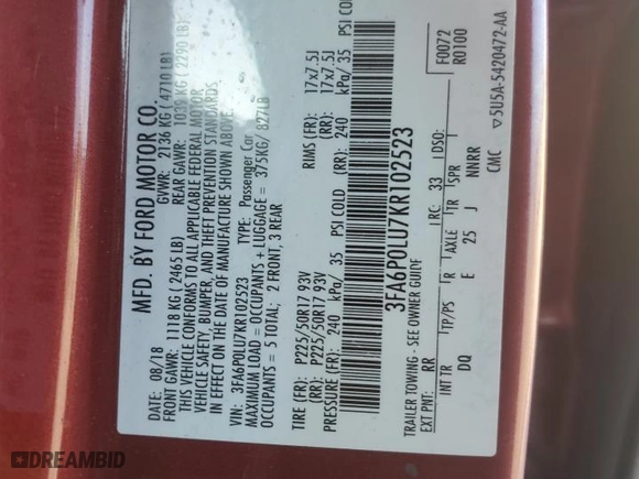 2019 Ford Fusion Hybrid SE with VIN 3FA6P0LU7KR102523, listed as a Copart auction lot 43856535 with 103,496 mi miles and Salvage Title. Bid and sale history available at carsss.com. Image 13.
