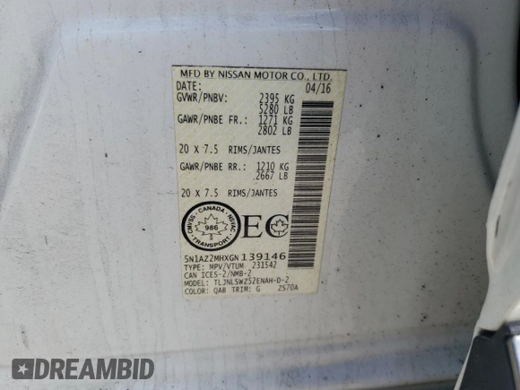 2016 Nissan Murano SL z VIN 5N1AZ2MHXGN139146, wystawiony jako Copart lot #57624115 z przebiegiem Nie podano mil oraz Szkody całkowita. Historia ofert i sprzedaży dostępna na DreamBid. Obrazek 13.