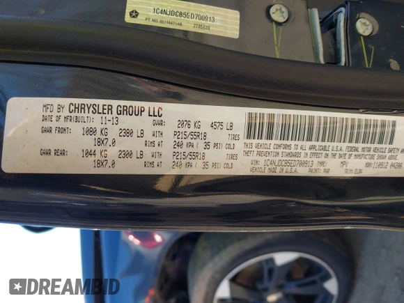 2014 Jeep Compass Limited with VIN 1C4NJDCB5ED700913, listed as a IAAI auction lot 41821956 with 175,312 mi miles. Bid and sale history available at carsss.com. Image 9.