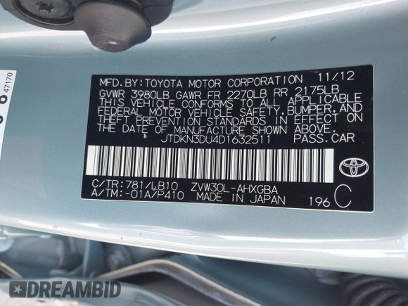 2013 Toyota Prius One with VIN JTDKN3DU4D1632511, listed as a IAAI auction lot 41834484 with 140,296 mi miles. Bid and sale history available at carsss.com. Image 9.
