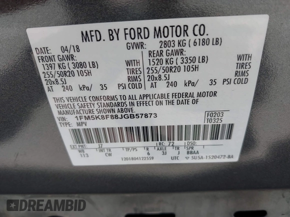 2018 Ford Explorer Limited with VIN 1FM5K8F88JGB57873, listed as a IAAI auction lot 42384073 with 101,060 mi miles and . Bid and sale history available at DreamBid. Image 9.