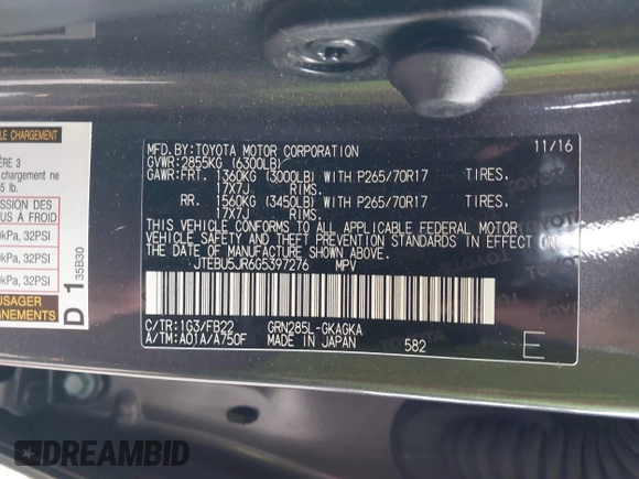 2016 Toyota 4Runner Limited with VIN JTEBU5JR6G5397276, listed as a IAAI auction lot 42021471 with 58,160 mi miles and . Bid and sale history available at DreamBid. Image 9.