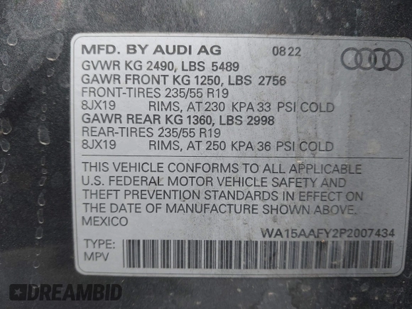 2023 Audi Q5 Sportback S line Premium Plus with VIN WA15AAFY2P2007434, listed as a IAAI auction lot 41482909 with 40,596 mi miles and . Bid and sale history available at DreamBid. Image 9.