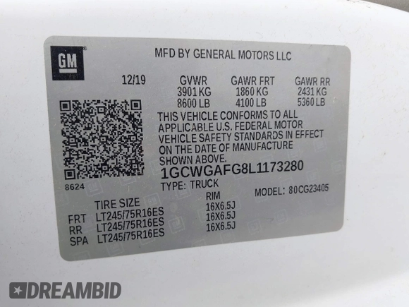 2020 Chevrolet Express Cargo with VIN 1GCWGAFG8L1173280, listed as a IAAI auction lot 42434124 with 157,399 mi miles and . Bid and sale history available at DreamBid. Image 9.