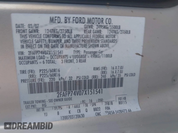 2007 Ford Crown Victoria LX с VIN 2FAFP74V07X151541, выставлен на аукционе IAAI как лот 41474660 с пробегом 249 127 миль миль и . История ставок и продаж доступна на DreamBid. Изображение 9.
