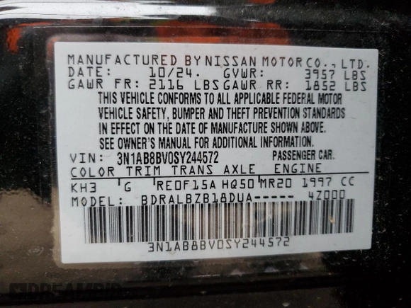 2025 Nissan Sentra S with VIN 3N1AB8BV0SY244572, listed as a Copart auction lot 43288725 with 3,790 mi miles and Salvage Title. Bid and sale history available at DreamBid. Image 14.