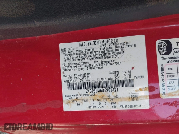 2013 Ford Mustang V6 with VIN 1ZVBP8EM6D5281421, listed as a IAAI auction lot 42387458 with 212,759 mi miles and . Bid and sale history available at DreamBid. Image 9.