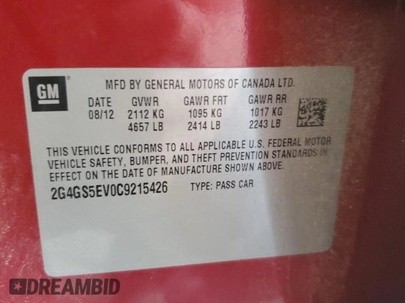 2012 Buick Regal Turbo Premium 1 z VIN 2G4GS5EV0C9215426, wystawiony jako Copart lot #61805125 z przebiegiem 112 747 mil mil oraz Szkoda całkowita • Salvage title. Historia ofert i sprzedaży dostępna na DreamBid. Obrazek 12.