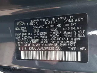 2021 Hyundai Tucson Sport with VIN KM8J3CAL9MU381508, listed as a IAAI auction lot 41538535 with 53,818 mi miles. Bid and sale history available at carsss.com. Image 9.
