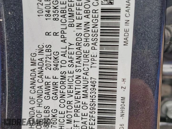 2025 Honda Civic Sport z VIN 2HGFE2F59SH539467, wystawiony jako Copart lot #58836935 z przebiegiem 5527 mil mil oraz Szkody całkowita. Historia ofert i sprzedaży dostępna na DreamBid. Obrazek 12.