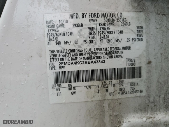 2011 Ford Edge Limited with VIN 2FMDK4KC2BBA43343, listed as a Copart auction lot 52144445 with 174,105 mi miles and Salvage Title. Bid and sale history available at carsss.com. Image 13.