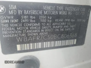 2011 BMW 5 Series 535i with VIN WBAFR7C50BC806368, listed as a Copart auction lot 51982855 with 108,705 mi miles and Salvage Title. Bid and sale history available at carsss.com. Image 14.