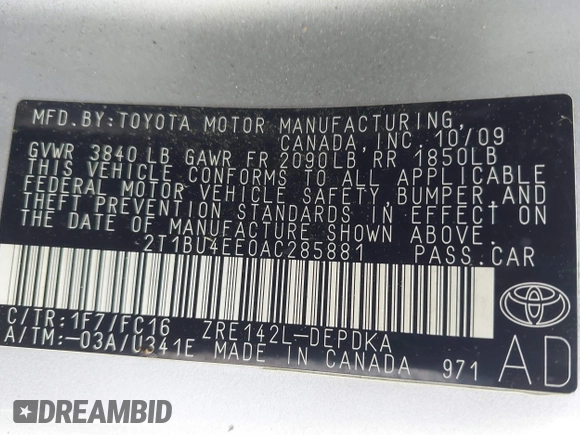 2010 Toyota Corolla with VIN 2T1BU4EE0AC285881, listed as a IAAI auction lot 42194220 with Not Provided miles and . Bid and sale history available at DreamBid. Image 9.