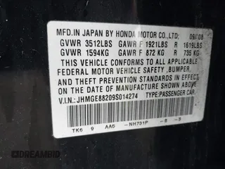 2009 Honda Fit with VIN JHMGE88209S014274, listed as a IAAI auction lot 41826892 with 135,370 mi miles. Bid and sale history available at carsss.com. Image 9.