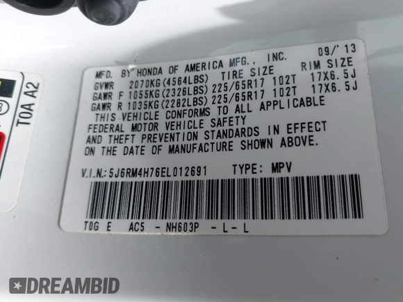 2014 Honda CR-V EX-L with VIN 5J6RM4H76EL012691, listed as a IAAI auction lot 42065926 with 89,685 mi miles. Bid and sale history available at carsss.com. Image 9.