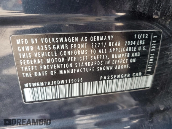 2013 Volkswagen Golf TDI w/Sunroof & Nav with VIN WVWNM7AJ0DW119096, listed as a Copart auction lot 51337595 with 218,156 mi miles and Clean title. Bid and sale history available at DreamBid. Image 12.