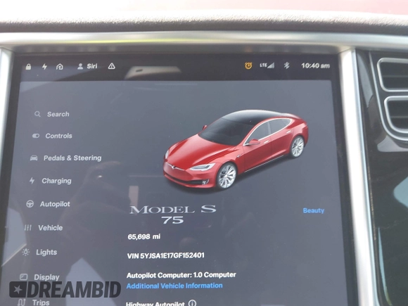 2016 Tesla Model S 70 with VIN 5YJSA1E17GF152401, listed as a IAAI auction lot 42272384 with 65,698 mi miles and . Bid and sale history available at DreamBid. Image 7.
