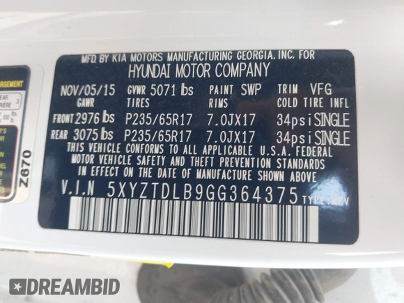 2016 Hyundai Santa Fe z VIN 5XYZTDLB9GG364375, wystawiony jako IAAI lot #42203404 z przebiegiem 143 838 mil mil oraz . Historia ofert i sprzedaży dostępna na DreamBid. Obrazek 9.