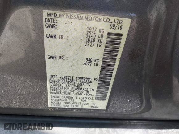 2017 Nissan Altima SV with VIN 1N4AL3AP8HC119505, listed as a IAAI auction lot 42283133 with 145,232 mi miles and . Bid and sale history available at DreamBid. Image 9.